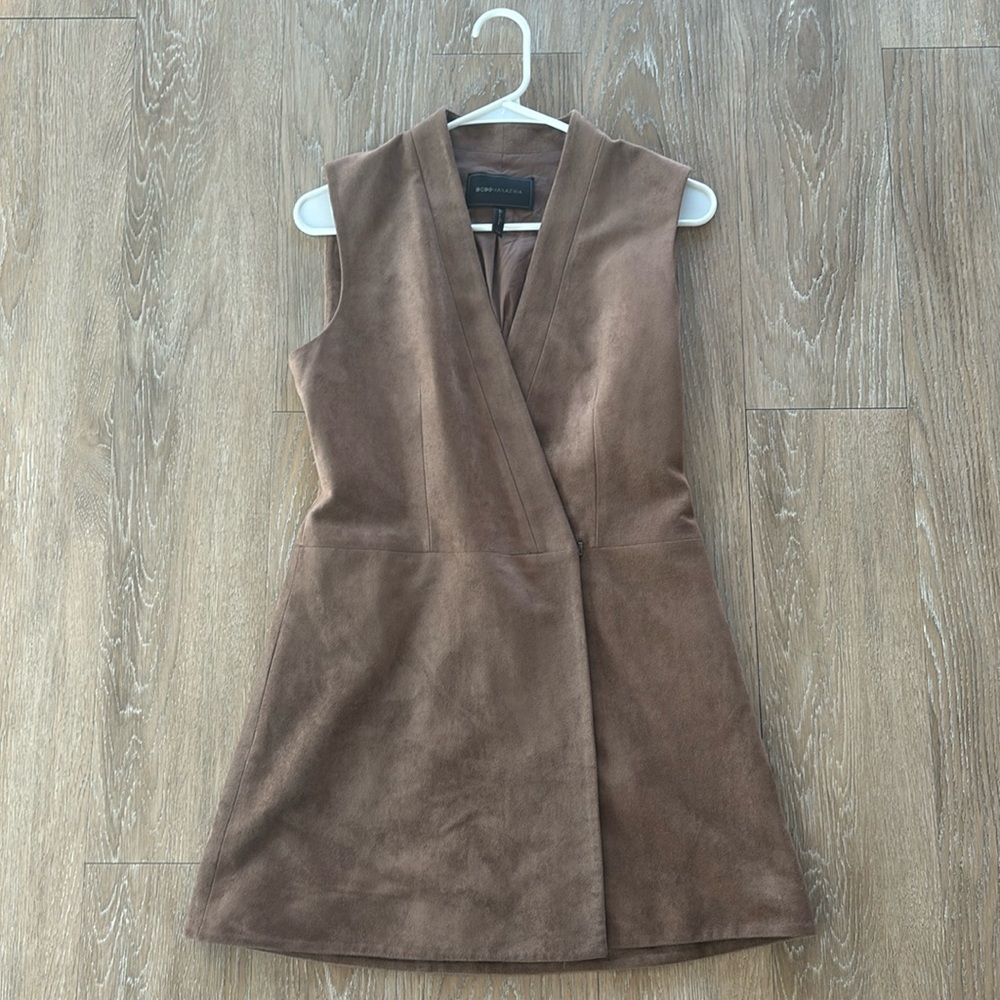 BCBGMaxAzria Brown Suede-Look Sleeveless Wrap Dress